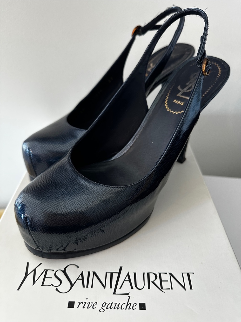 Yves Saint Laurent Navy Patent Slingback Platform Pumps